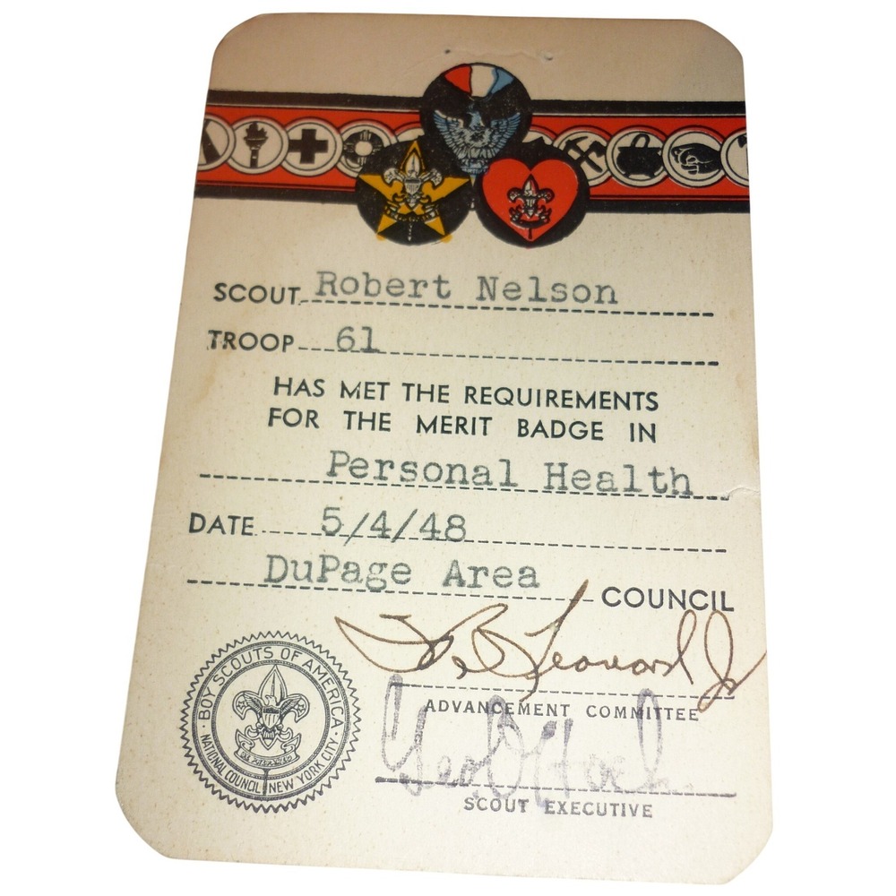 Vintage 1948 Boy Scouts of America Personal Health Merit Badge Card Troop 61